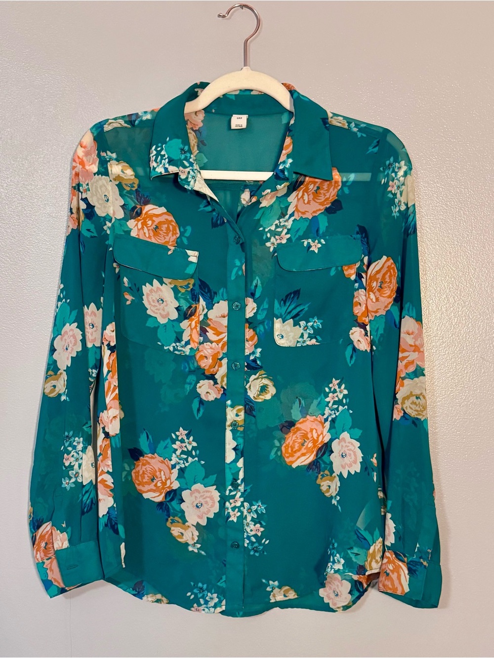 Old Navy Teal Floral Button-Up Blouse